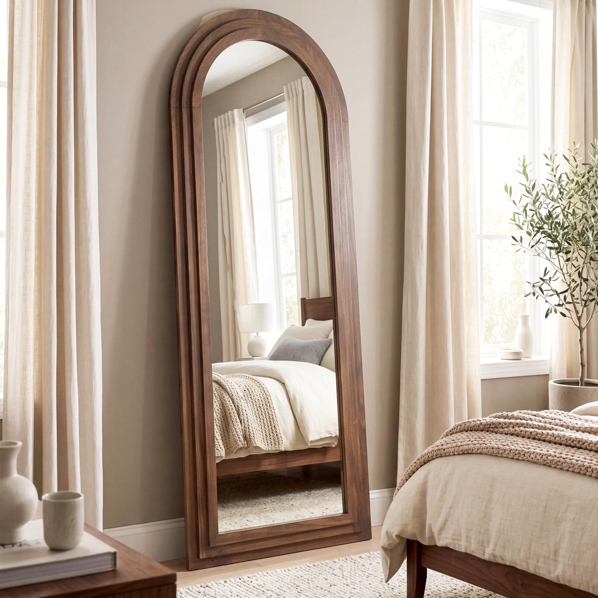 PERFNIQUE Wood Arched Full Length Mirror with Stand, 71x32 Floor Mirror
