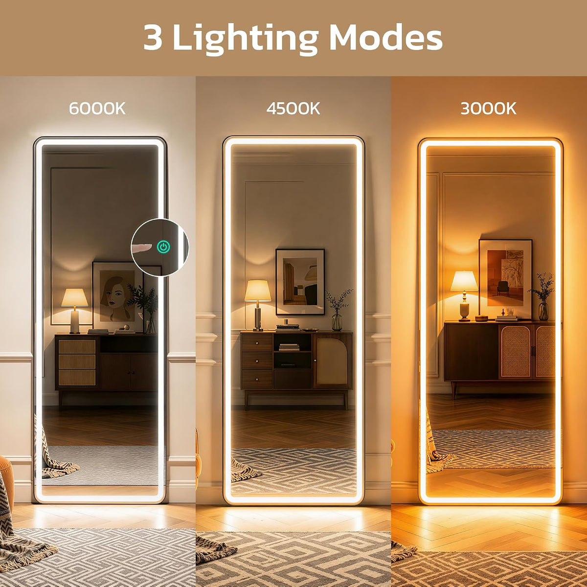 Full Length Mirror with Lights, 71" x 26" LED Floor Mirror, Full Body Dressing Standing Mirrors with Dimming & 3 Color Lighting, Hanging Mounted Mirrors for Living Room Bedroom Cloakroom