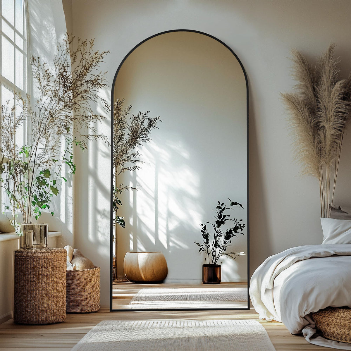 Delma Arched Full Length Mirror with Stand, 75x35 Black Floor Mirror