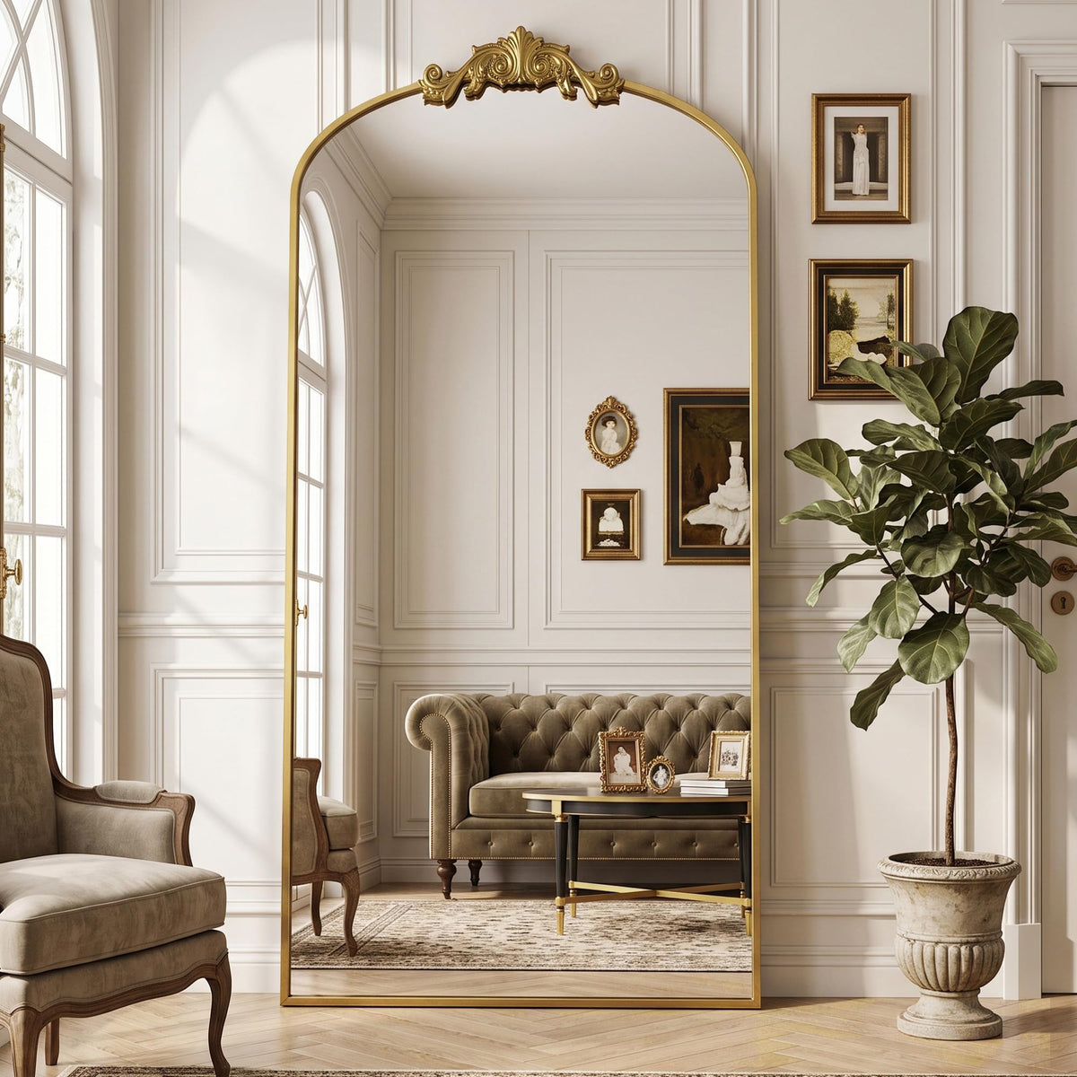 Antok Arched Full Length Mirror, 71"x28" Floor Mirror with Carved, Bronze