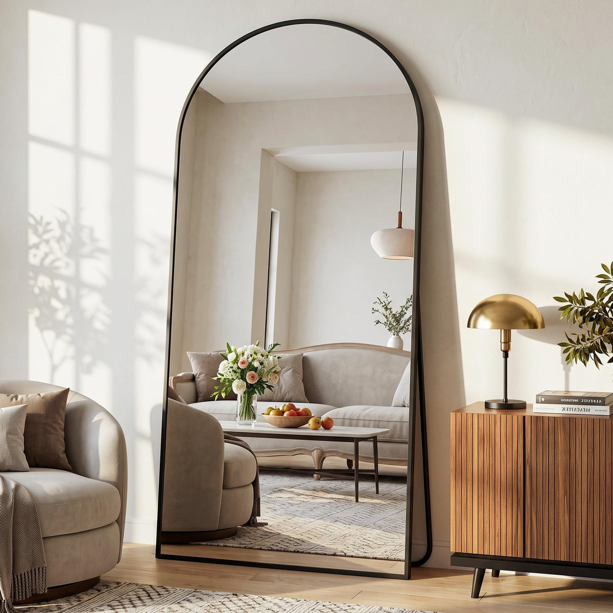 Suidia 71"x28" Arched Full Length Mirror with Stand, Black Floor Mirror