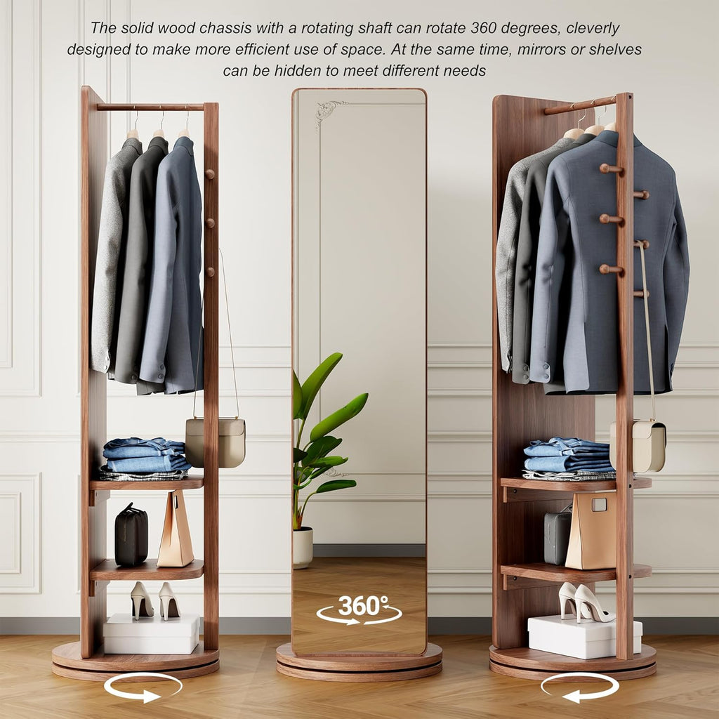 360° Rotating Full Length Mirror with Hook Storage Rack,Body Mirror Storage