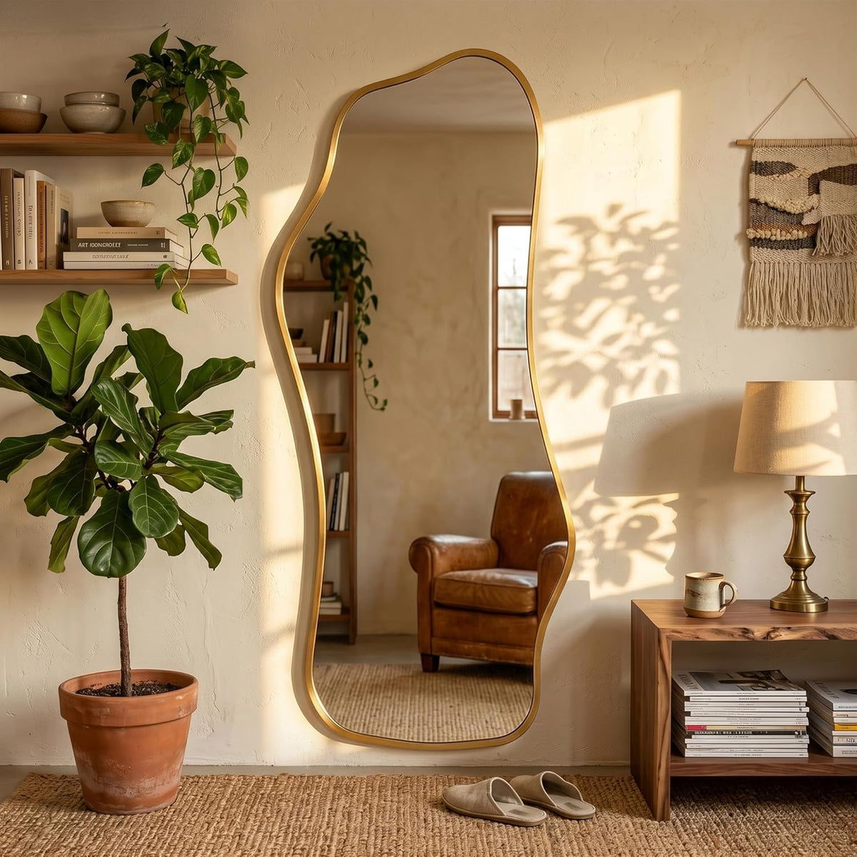 Dorlicecass Irregular Full Length with Stand-Standing Leaning Hanging 62.2"x22.8" Gold Asymmetrical Aluminum Frame Decorative Full Body Mirror for Living Room,Bedroom,Cloakroom,Entryway