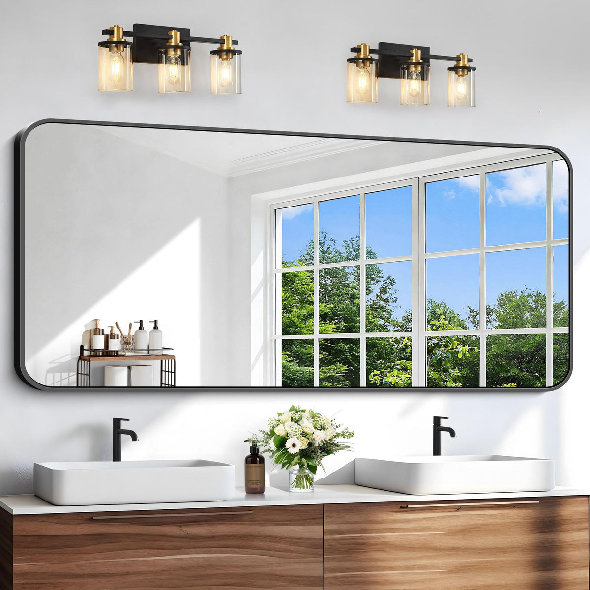 Black Bathroom Mirror, 28x42 inch Aluminum Metal Frame Rectangular Vanity Mirror, Wall Mounted Rectangle Mirrors with Rounded Corner for Bedroom Living Room Hangs Horizontal Or Vertical