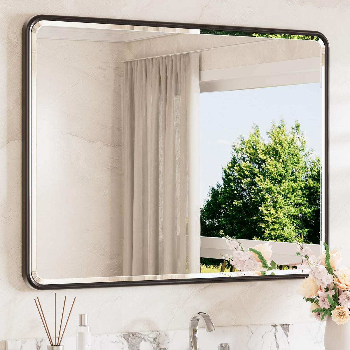 TETOTE Brushed Nickel Mirror 20 x 30 Beveled Edge Tempered Glass, Rounded Corner Rectangle Bathroom Mirror for Over Sink for Modern Bathroom, Living Room, Bedroom, Entryway