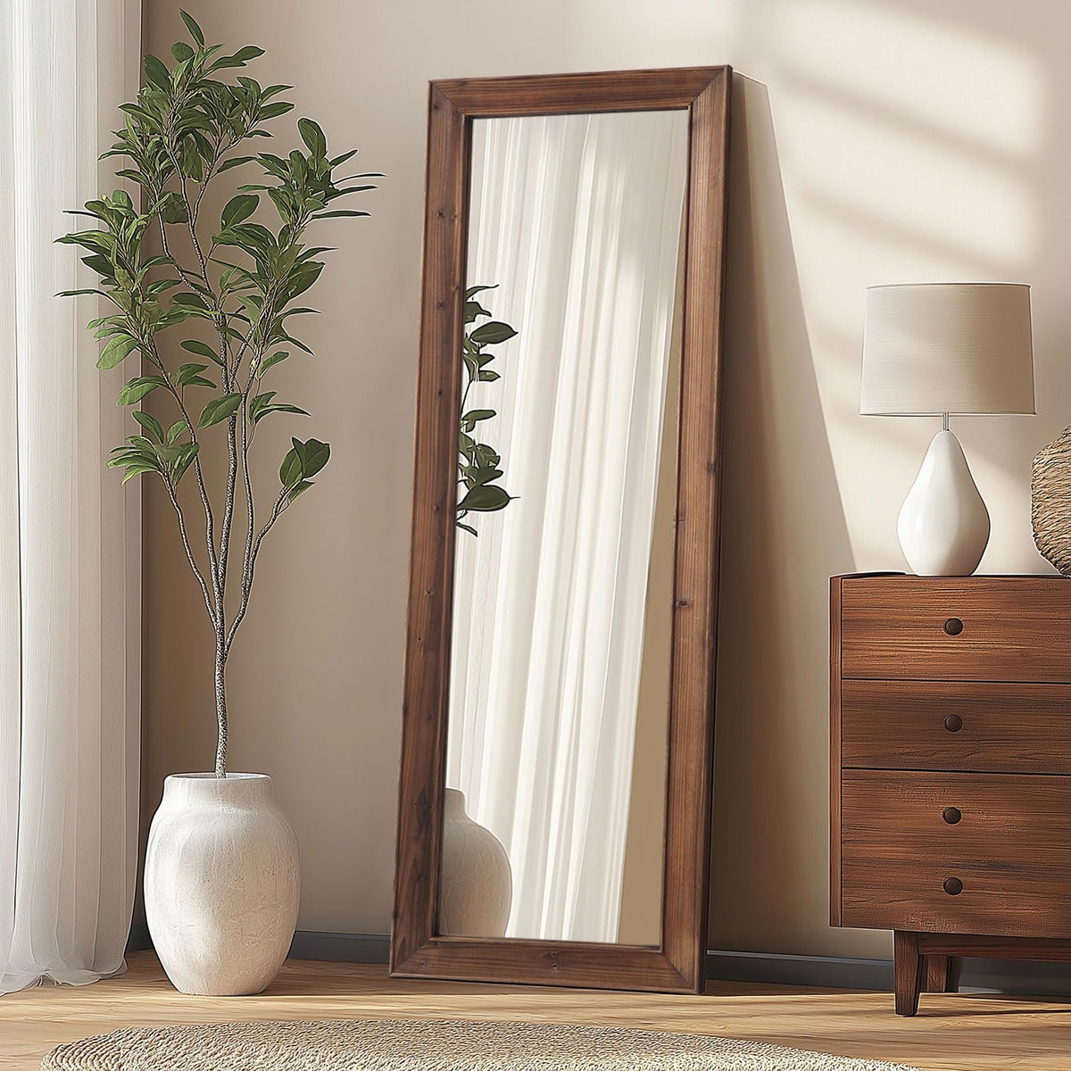 MirrMuse Rustic Floor Full Length Mirror Wood Frame, 56"x21" White Mirror