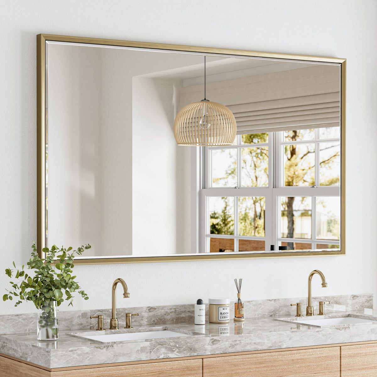 Brushed Nickel Bathroom Mirror, 24x32 Inch Beveled Framed Bathroom Mirror Anti-Rust, Brushed Nickel Metal Frame Bathroom Vanity Mirror for Wall, Vertical/Horizontal Wall-Mounted Mirrors