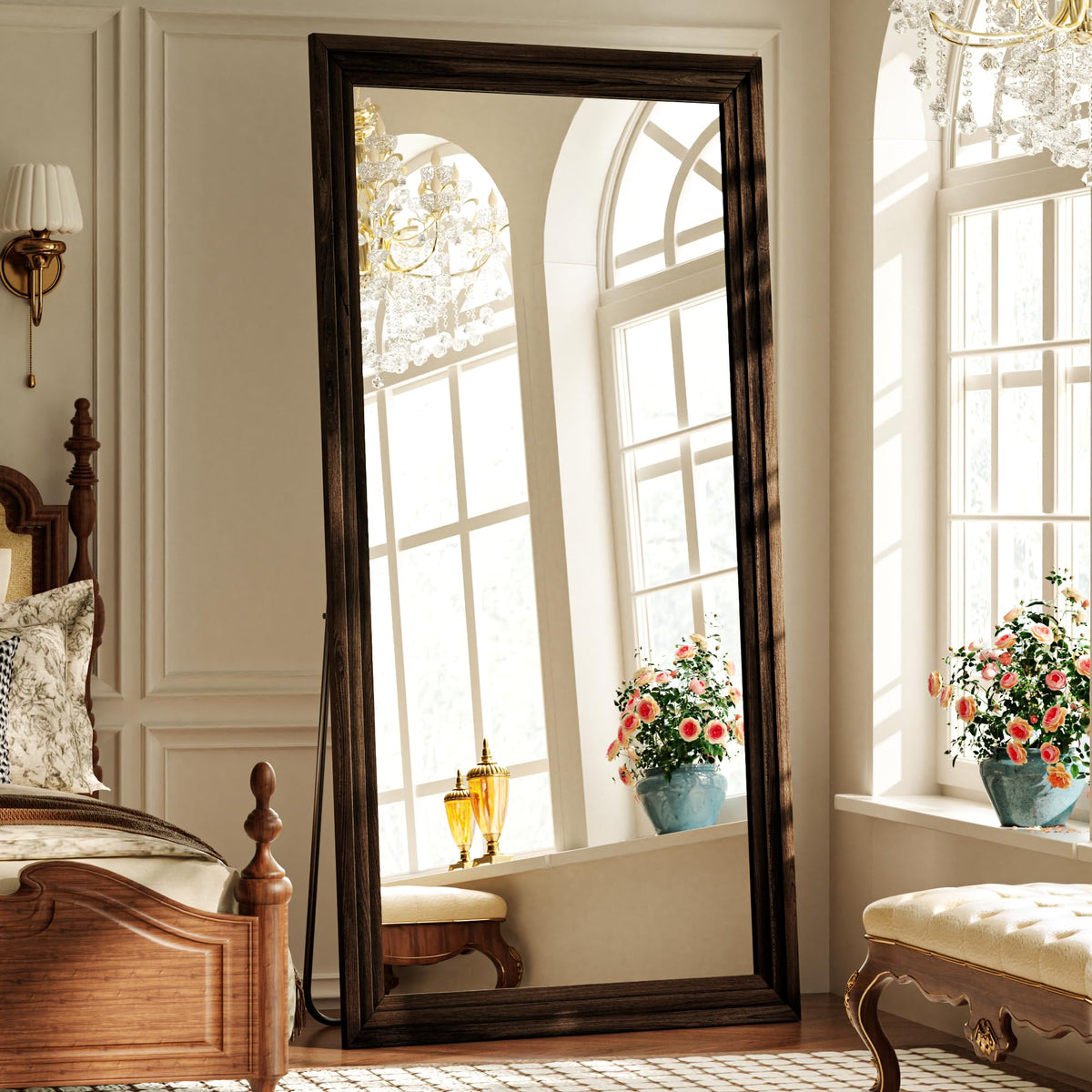 Full Length Mirror with Solid Wood Frame, 65"x22" Floor Mirror, Walnut