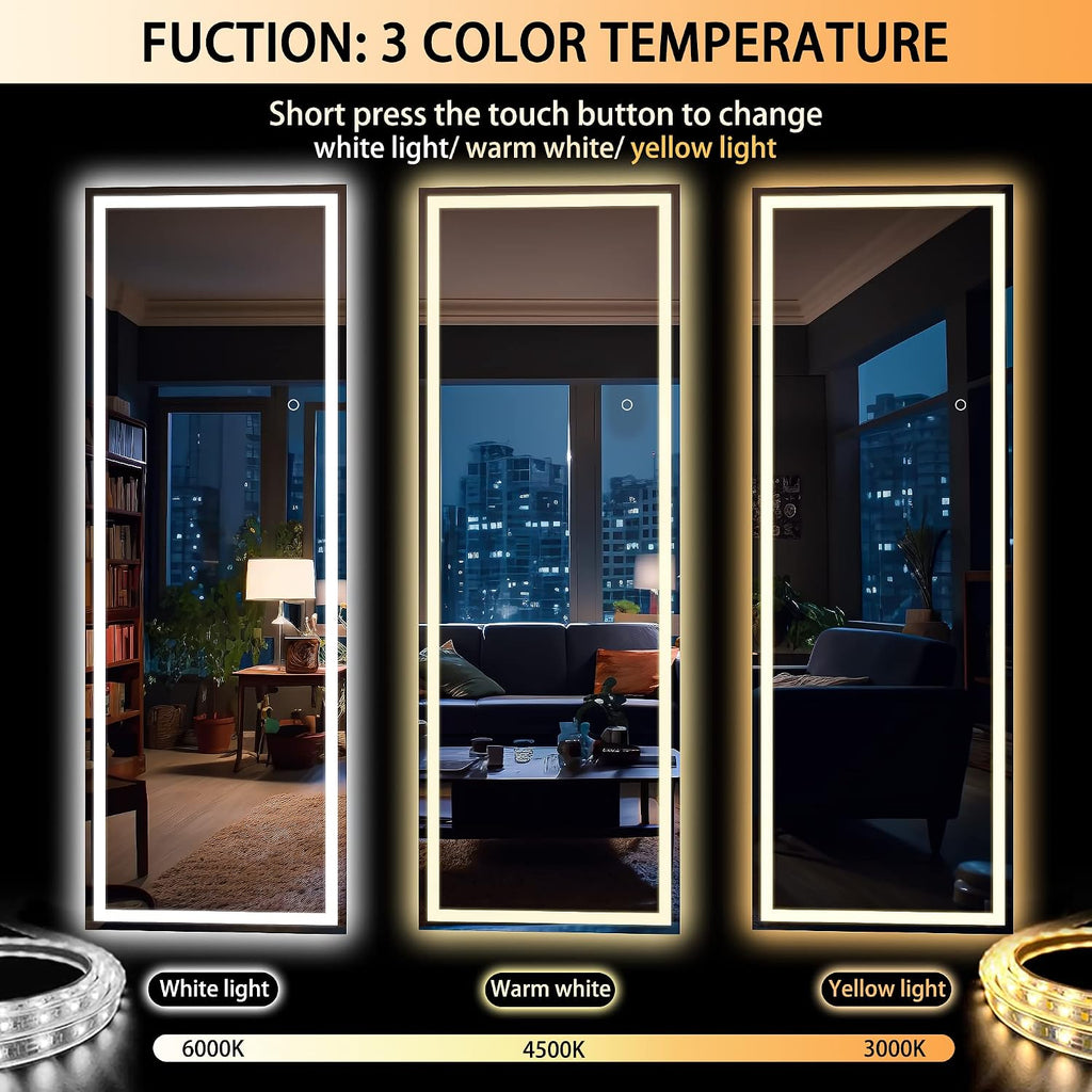 Hasipu Full Length Mirror with Lights, 67" x 20" LED Lighted Floor Standing, Full Body Dressing Hanging Mounted Mirror, Tempered Glass, Square White