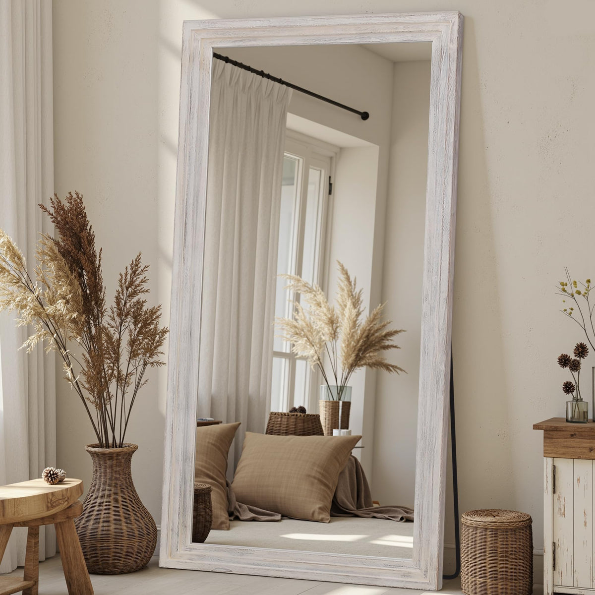Full Length Mirror 71"x32", Arched Solid Wood Frame with Stand