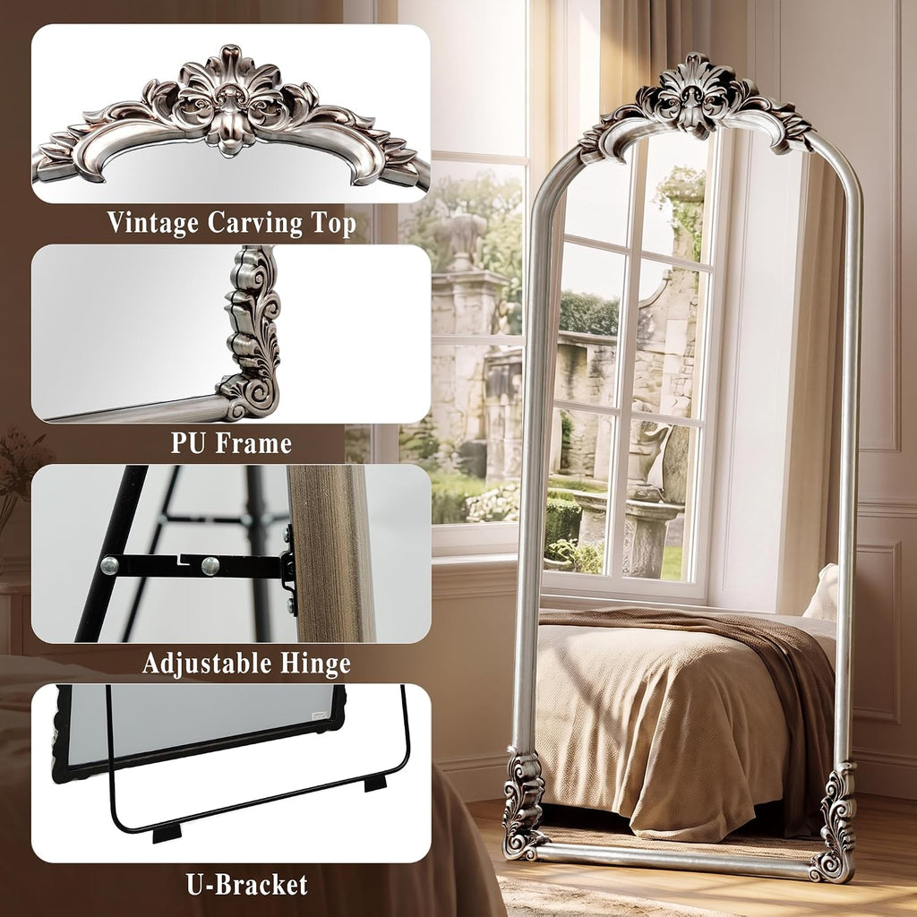 Vintage Arched Floor Mirror 28"x 69" with Stand Matte Silver