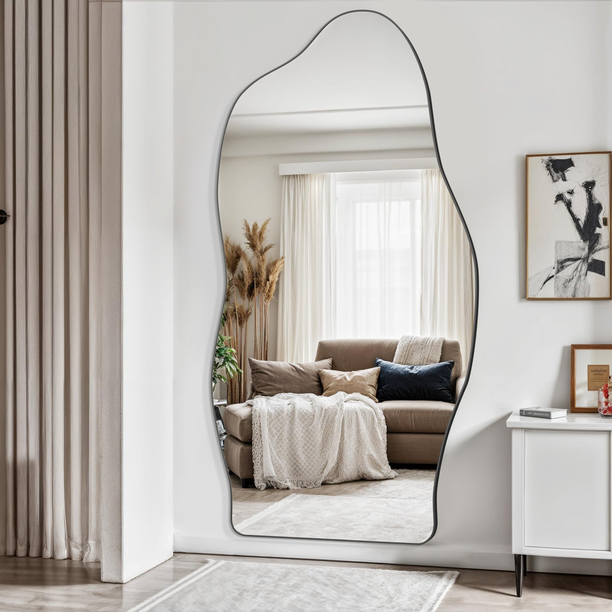 Antok Irregular Full Length Mirror, 76"x36" Asymmetrical Floor Mirror with Stand, Standing Hanging Leaning Irregular Mirrors for Bedroom Living Room Entryway, Wavy Shaped, Black