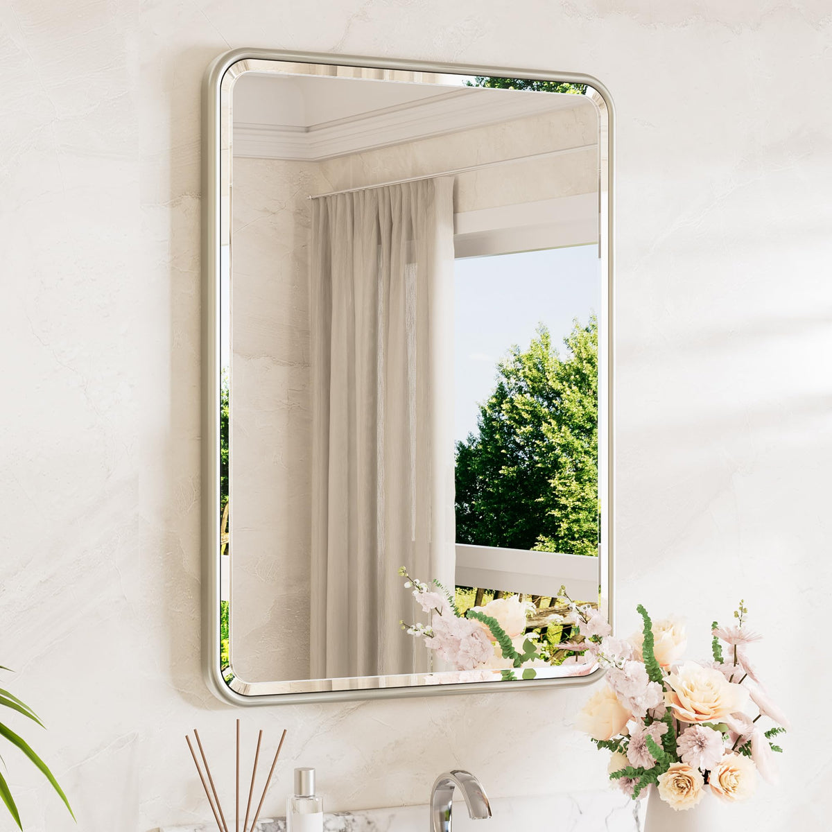 TETOTE Brushed Nickel Mirror 20 x 30 Beveled Edge Tempered Glass, Rounded Corner Rectangle Bathroom Mirror for Over Sink for Modern Bathroom, Living Room, Bedroom, Entryway