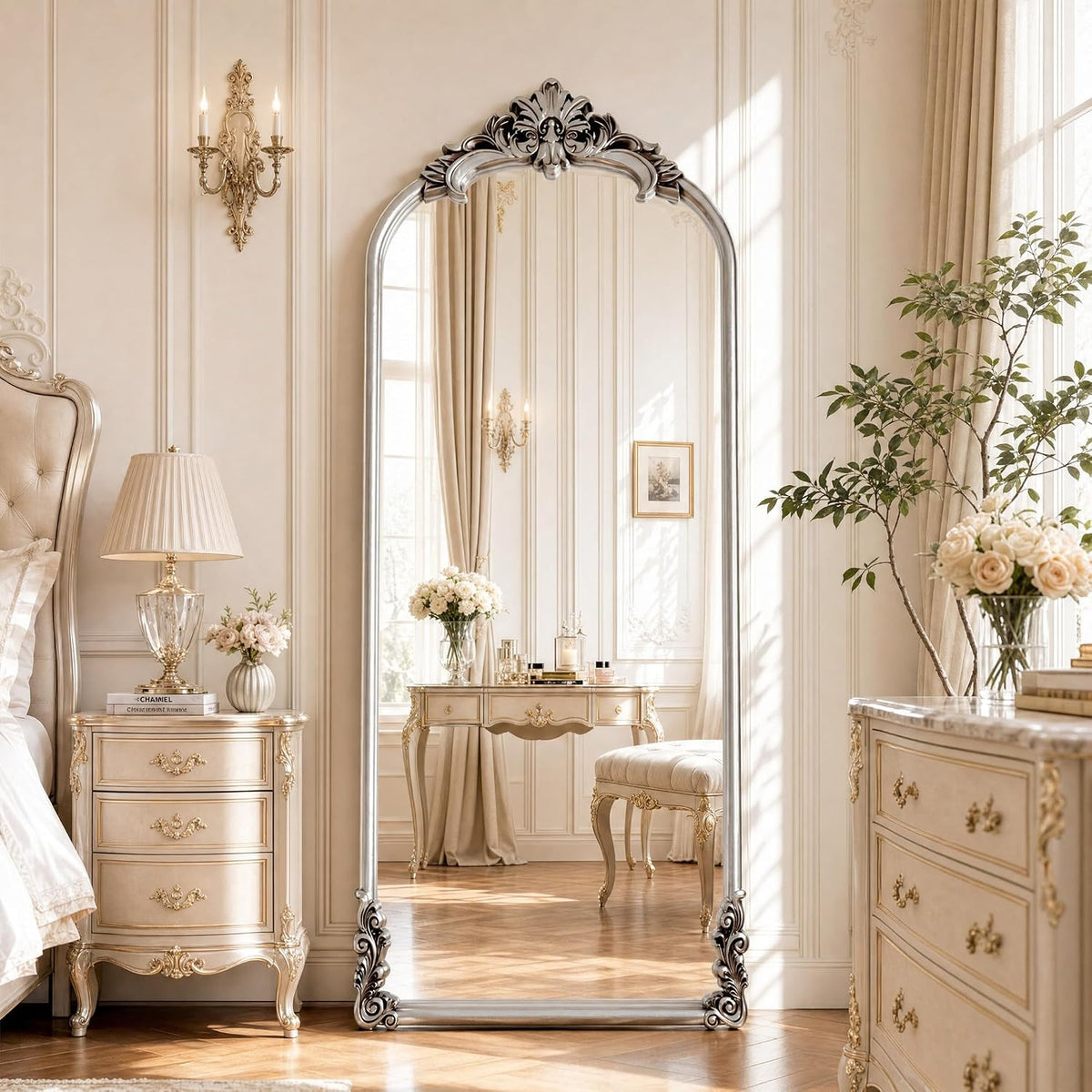 Vintage Arched Floor Mirror 28"x 69" with Stand Matte Silver