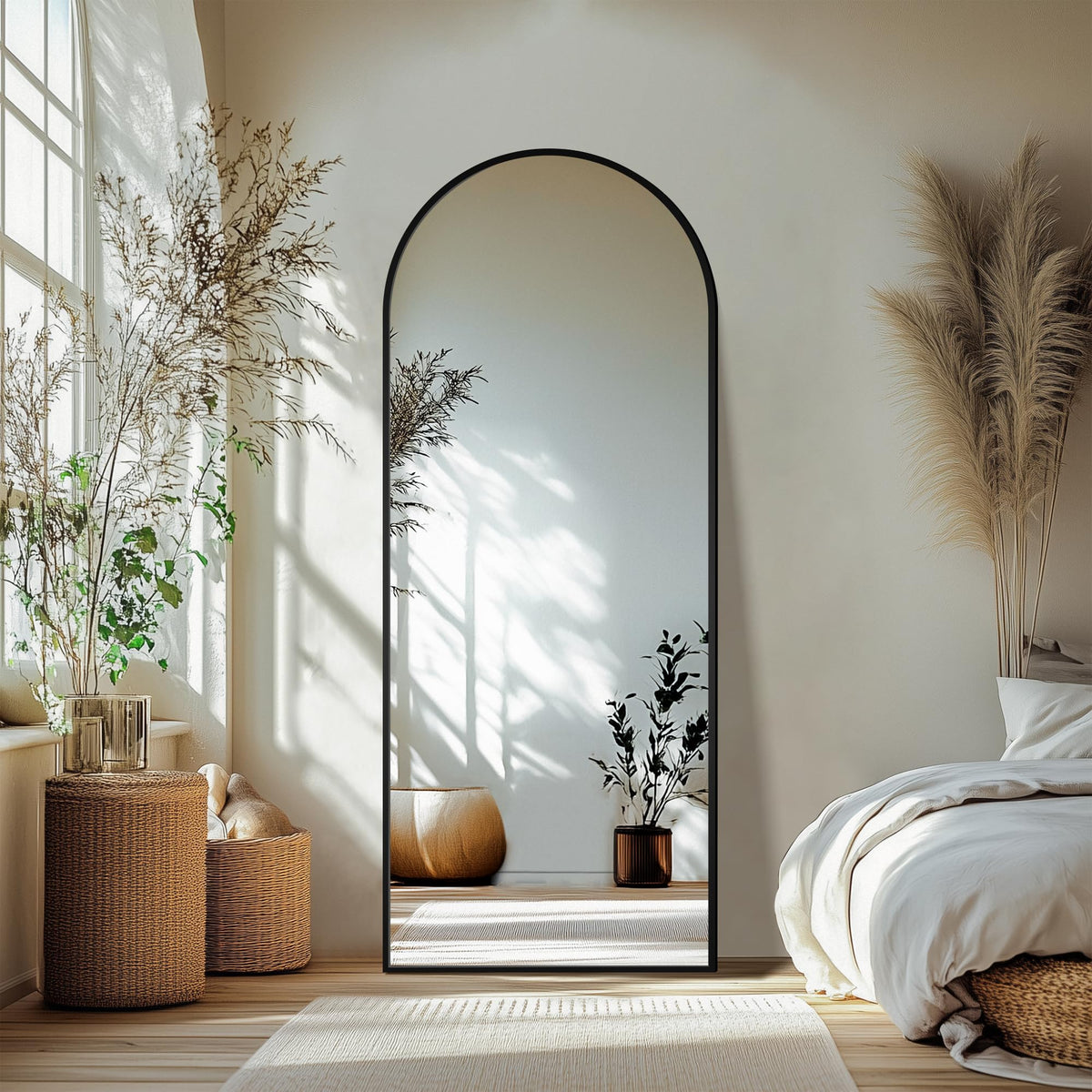 Delma Arched Full Length Mirror with Stand, 75x35 Black Floor Mirror