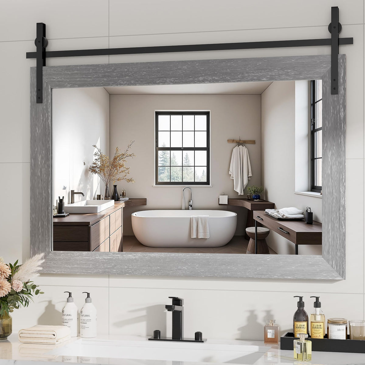 Hasipu Farmhouse Bathroom Mirror, 40"x26" Rustic Wood Framed Wall Mounted Mirror, Black Vintage Vanity Mirror Barn Door Style Decrative Mirrors