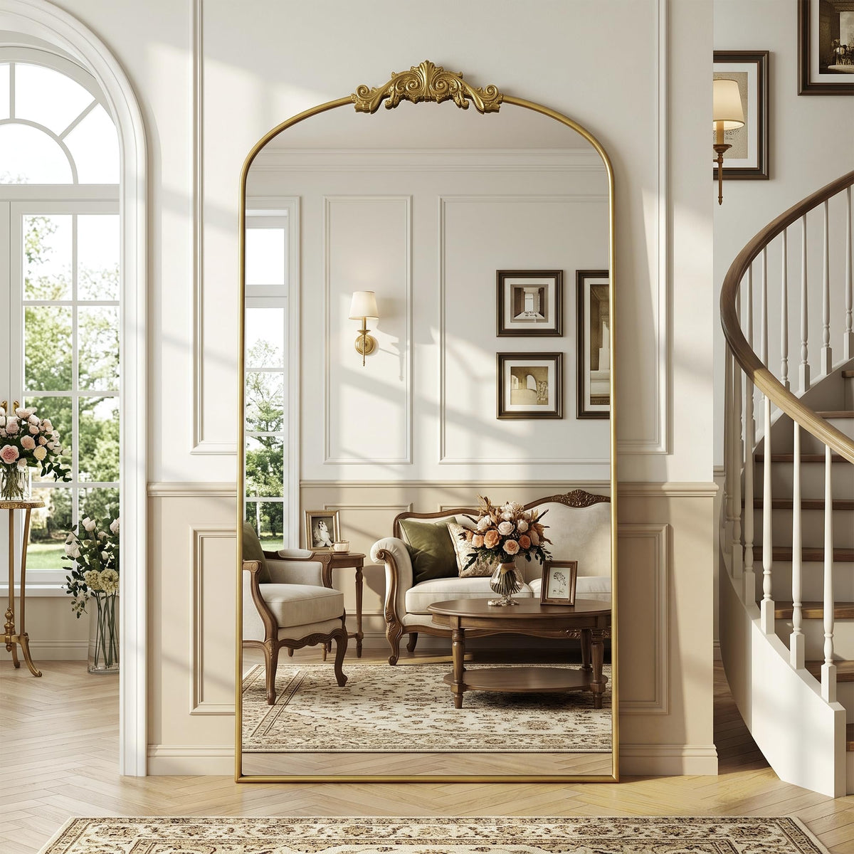 Antok Arched Full Length Mirror, 71"x28" Floor Mirror with Carved, Bronze