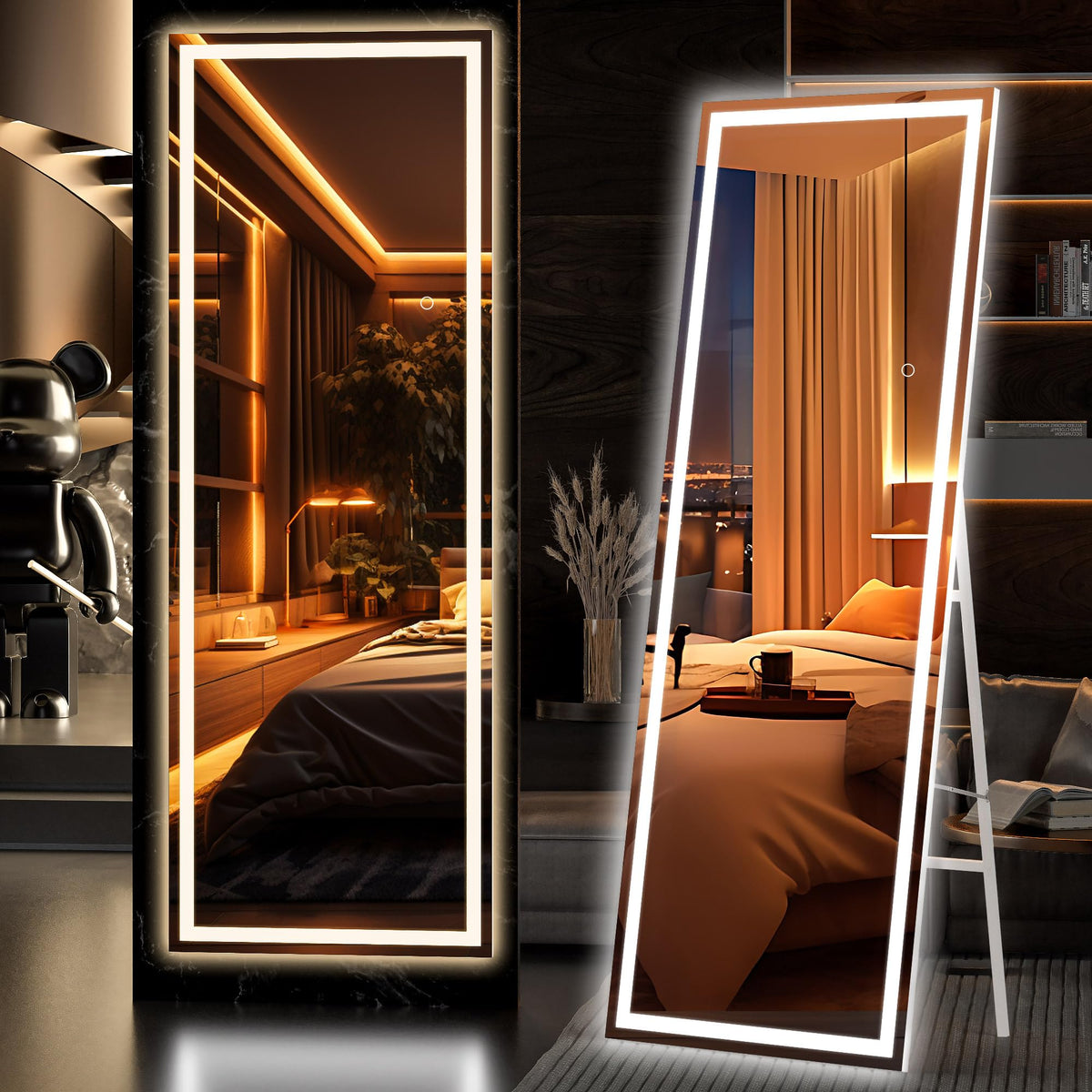 Hasipu Full Length Mirror with Lights, 67" x 20" LED Lighted Floor Standing, Full Body Dressing Hanging Mounted Mirror, Tempered Glass, Square White