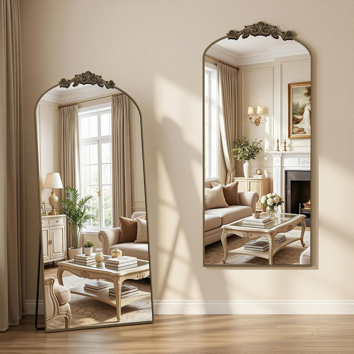Vintage Full Length Mirror,71"x28" Arched Antique Floor Mirror with Carved Metal Frame,Large Standing Wall Mounted or Leaning Mirror for Bedroom Living Room Entryway,Bronze