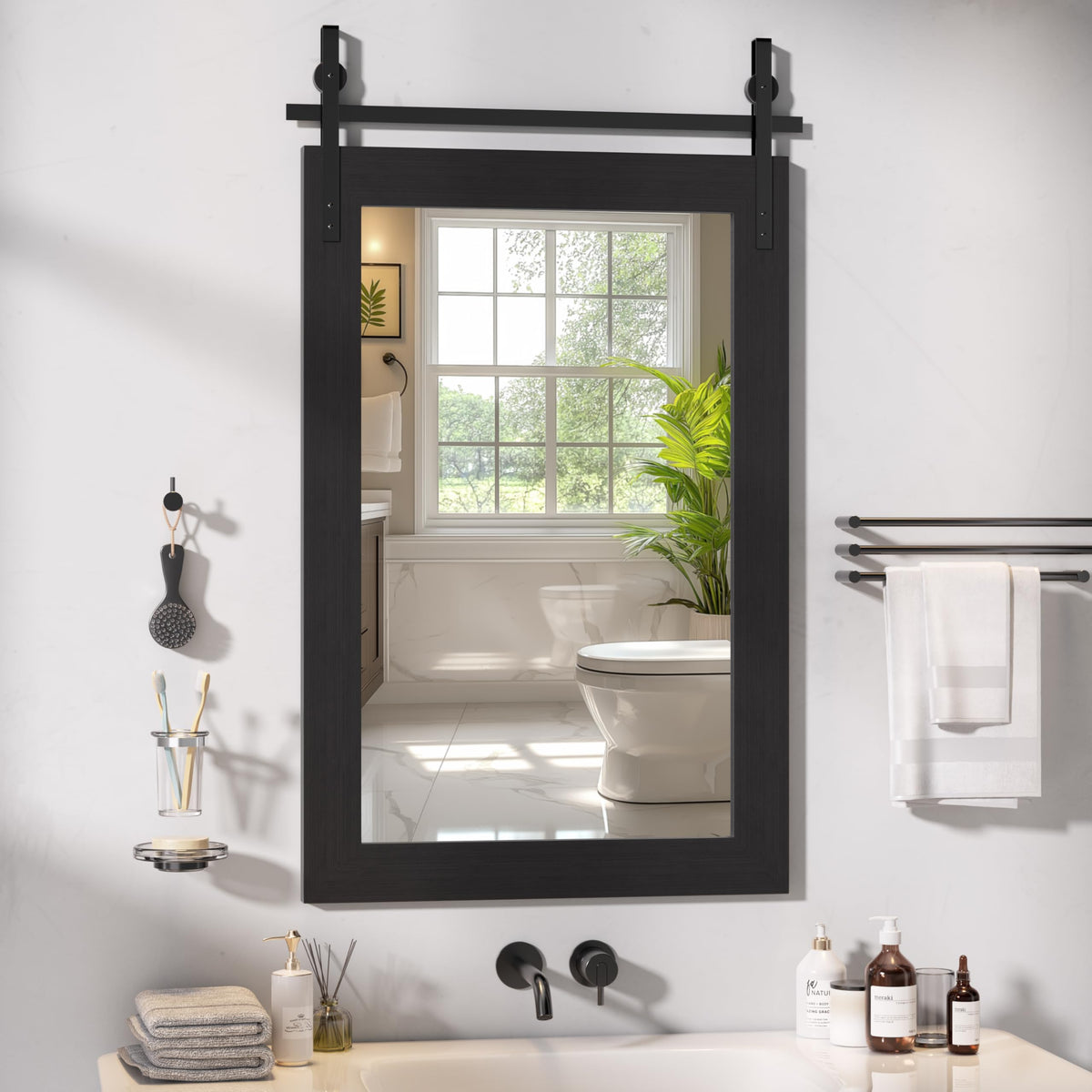 Hasipu Farmhouse Bathroom Mirror, 40"x26" Rustic Wood Framed Wall Mounted Mirror, Black Vintage Vanity Mirror Barn Door Style Decrative Mirrors