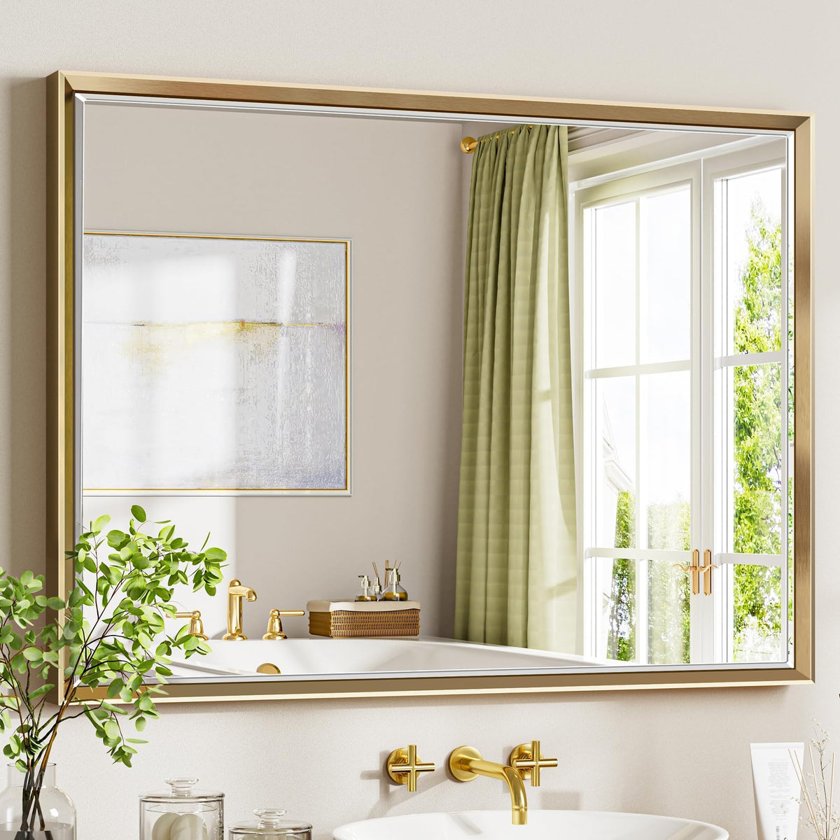 Brushed Nickel Bathroom Mirror, 24x32 Inch Beveled Framed Bathroom Mirror Anti-Rust, Brushed Nickel Metal Frame Bathroom Vanity Mirror for Wall, Vertical/Horizontal Wall-Mounted Mirrors