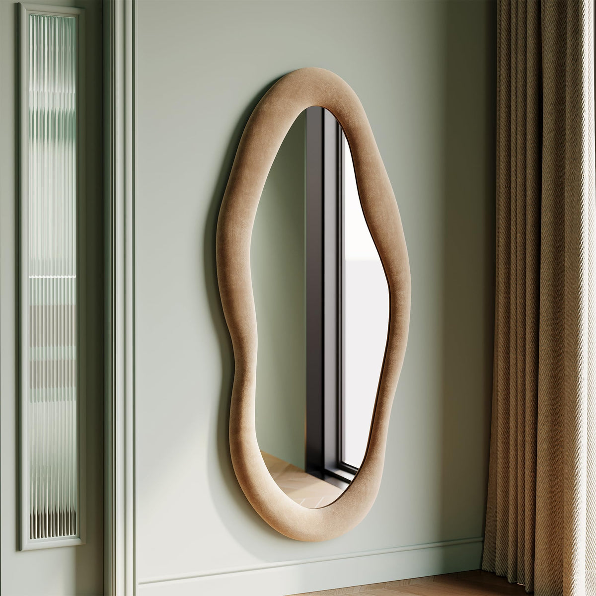 Honyee 55" x 24" Wavy Mirror, Flannel Wrapped Wooden Frame, Irregular Hanging for Cloakroom/Bedroom/Living Room, Green
