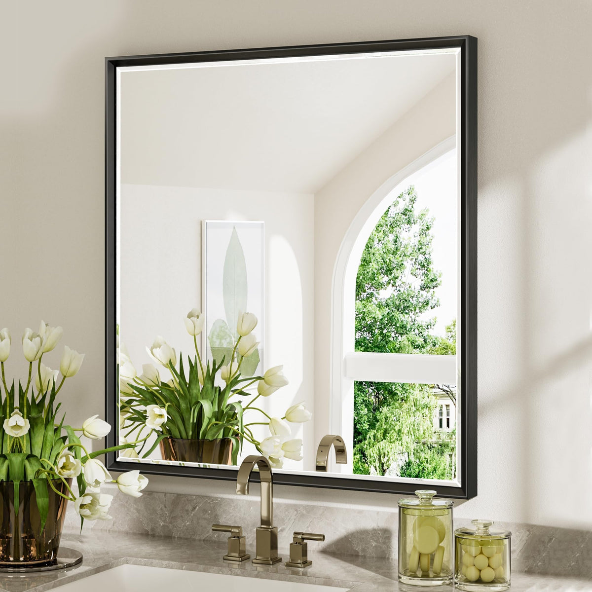 Brushed Nickel Bathroom Mirror, 24x32 Inch Beveled Framed Bathroom Mirror Anti-Rust, Brushed Nickel Metal Frame Bathroom Vanity Mirror for Wall, Vertical/Horizontal Wall-Mounted Mirrors