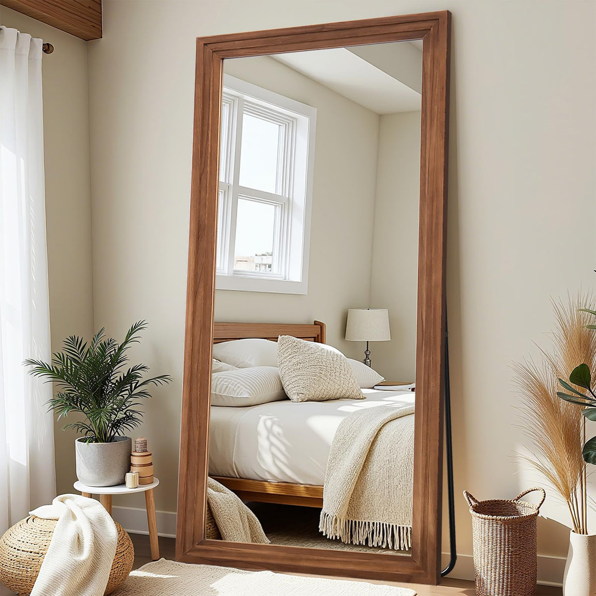 Antok Full Length Mirror with Solid Wood Frame, 71"×32" Wall Mounted Oversized Floor Mirror with Stand, Leaning Standing Hanging for Bedroom Living Room Entryway, Walnut, Arched Syle
