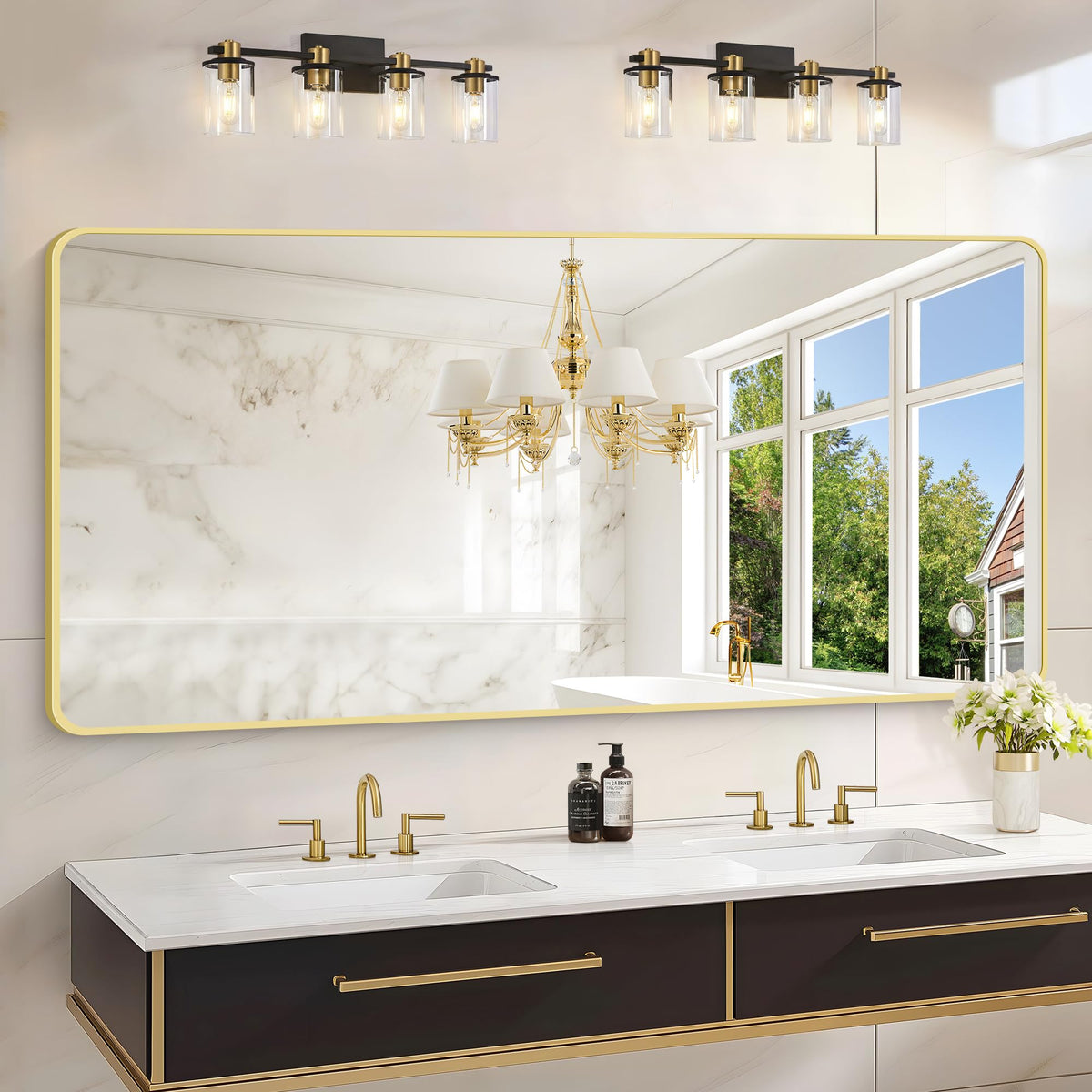 Black Bathroom Mirror, 28x42 inch Aluminum Metal Frame Rectangular Vanity Mirror, Wall Mounted Rectangle Mirrors with Rounded Corner for Bedroom Living Room Hangs Horizontal Or Vertical
