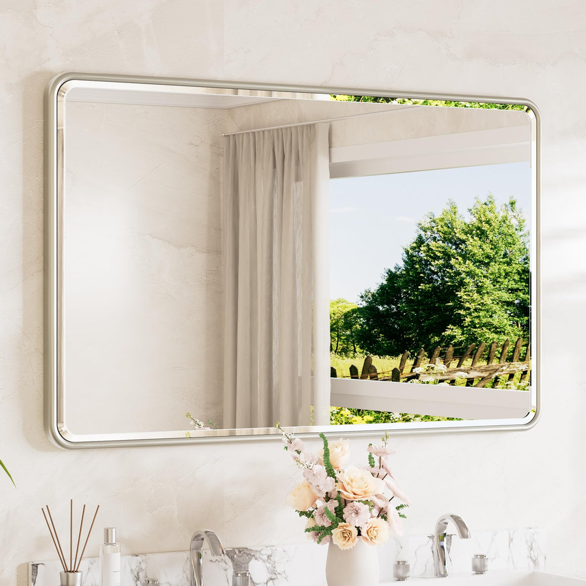 TETOTE Brushed Nickel Mirror 20 x 30 Beveled Edge Tempered Glass, Rounded Corner Rectangle Bathroom Mirror for Over Sink for Modern Bathroom, Living Room, Bedroom, Entryway
