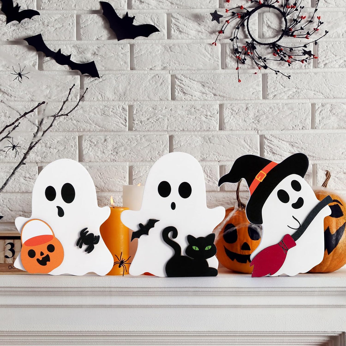 3 Pcs Halloween Ghost Decor - Cute Ghost Decorations Indoor, Wooden Tiered Tray Decor Table Sign Set, Halloween Table Decor Witch Broom Pumpkin Bat Blocks for Party Home Shelf Display