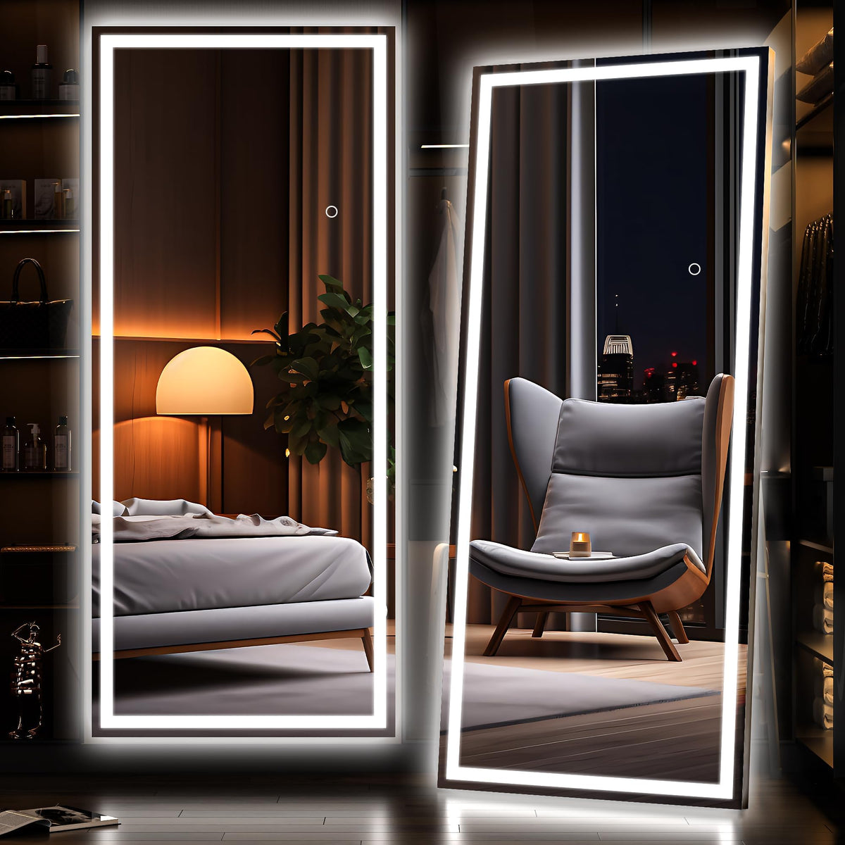 Hasipu Full Length Mirror with Lights, 67" x 20" LED Lighted Floor Standing, Full Body Dressing Hanging Mounted Mirror, Tempered Glass, Square White