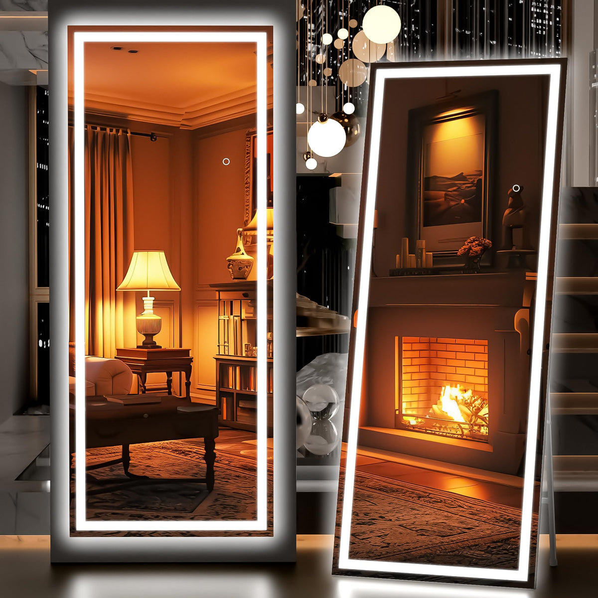Hasipu Full Length Mirror with Lights, 67" x 20" LED Lighted Floor Standing, Full Body Dressing Hanging Mounted Mirror, Tempered Glass, Square White