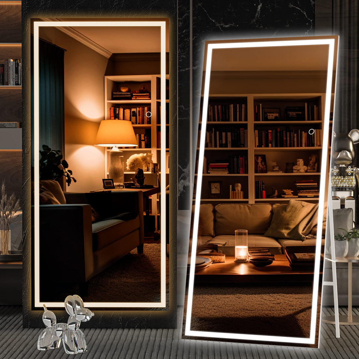 Hasipu Full Length Mirror with Lights, 67" x 20" LED Lighted Floor Standing, Full Body Dressing Hanging Mounted Mirror, Tempered Glass, Square White