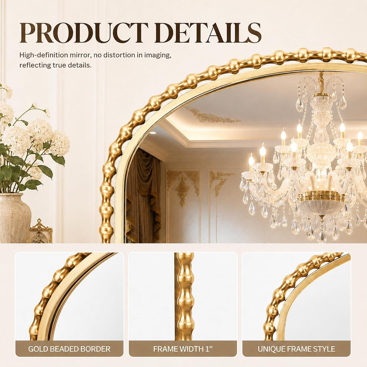 36"x28" Wide Arched Wall Mirror, Antique Gold Bold Beaded Frame