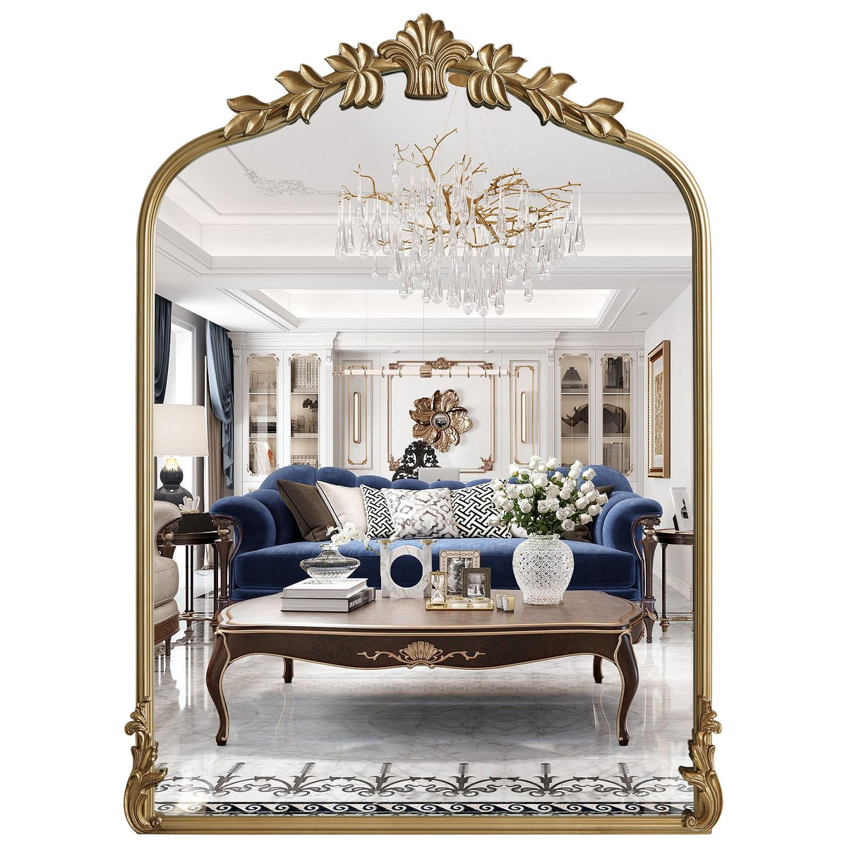 WallBeyond Gold Vintage Mirror for Vanity 32x24 Inch, Gold Antique Mirror with Ornate Frame, Arched Vintage Wall for Bathroom, Living Room, Fireplace, Entryway
