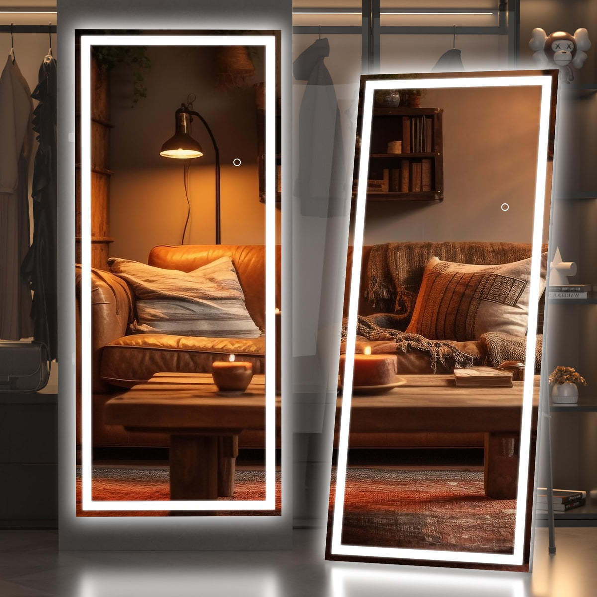 Hasipu Full Length Mirror with Lights, 67" x 20" LED Lighted Floor Standing, Full Body Dressing Hanging Mounted Mirror, Tempered Glass, Square White
