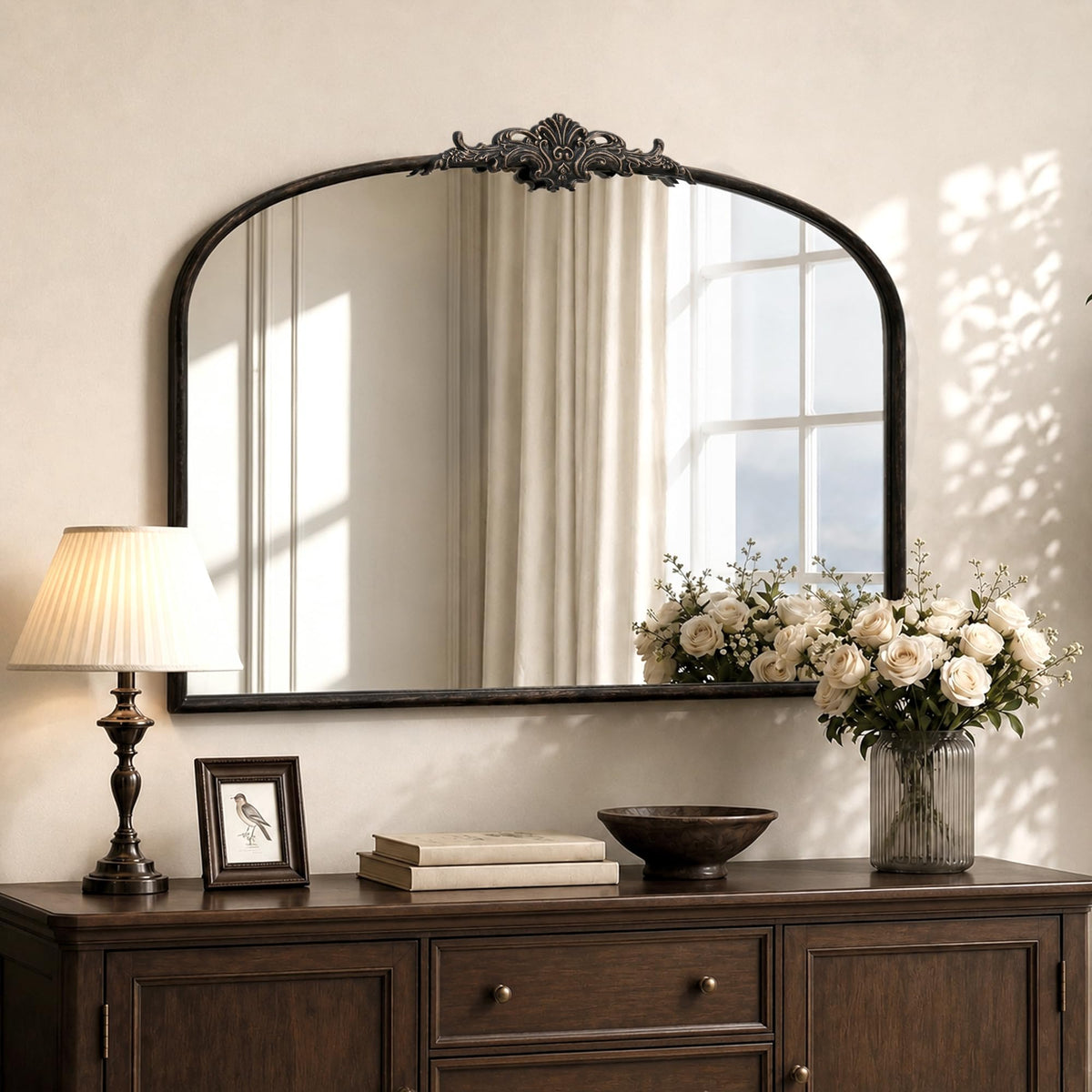 Besdomus Vintage Arched Gold Mirror: 40"x29" Large Brass Antique Decorative