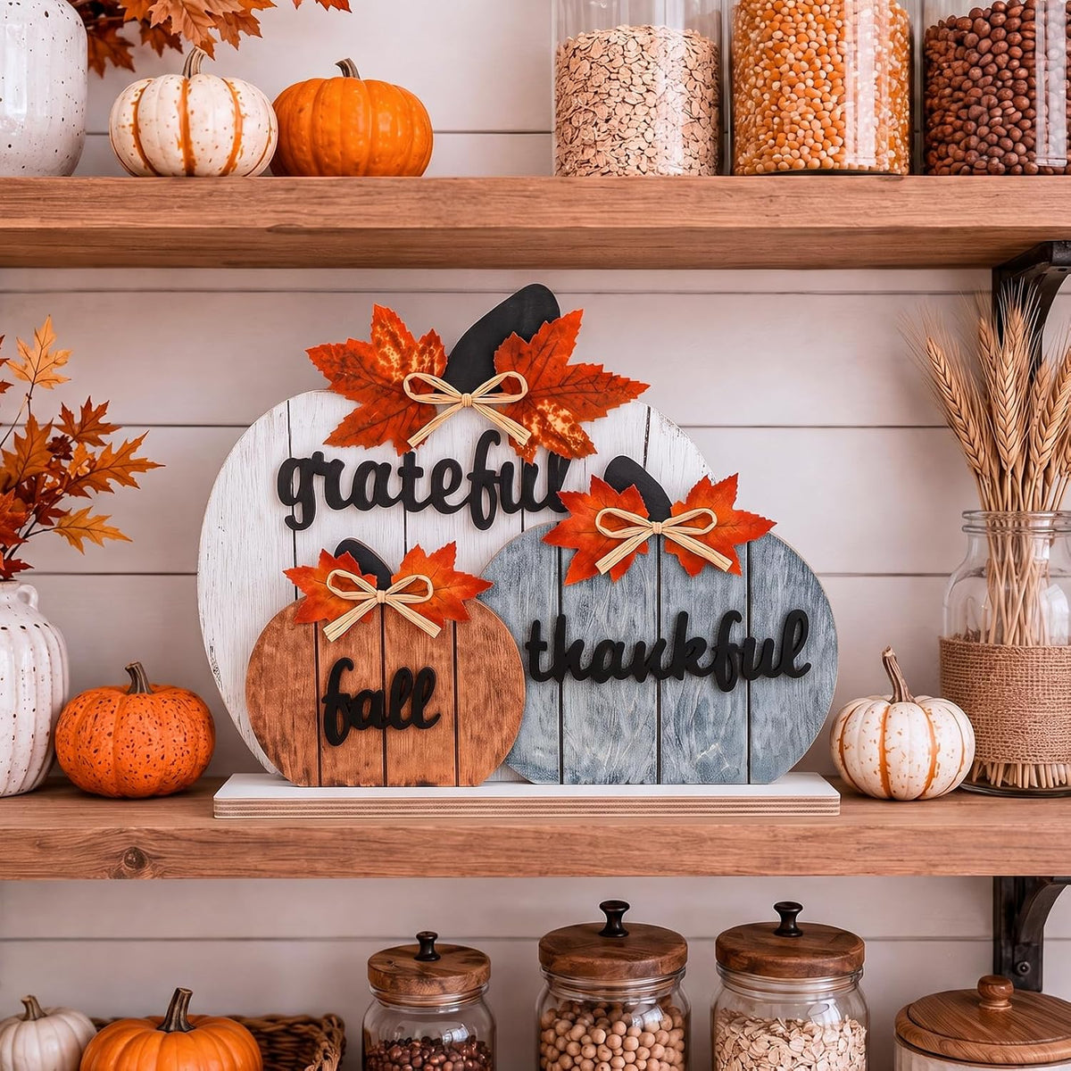 OLANRUN Fall Decor, Thanksgiving Fall Decorations for Home, 3Pcs Wooden Autumn Pumpkin Decor Sign, Farmhouse Thanksgiving Table Decorations Indoor for Office Living Room Bedroom Mantel Kitchen