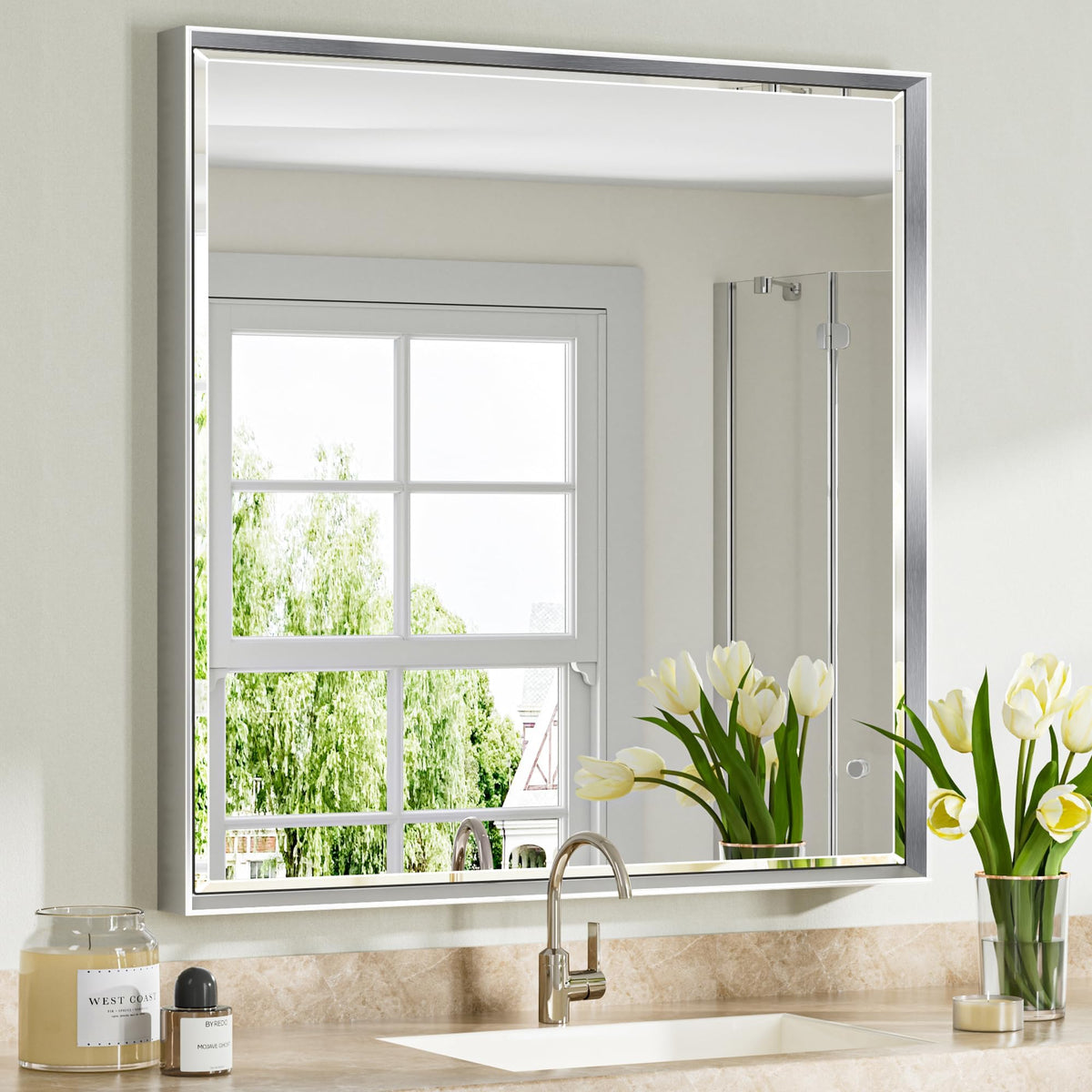 Brushed Nickel Bathroom Mirror, 24x32 Inch Beveled Framed Bathroom Mirror Anti-Rust, Brushed Nickel Metal Frame Bathroom Vanity Mirror for Wall, Vertical/Horizontal Wall-Mounted Mirrors
