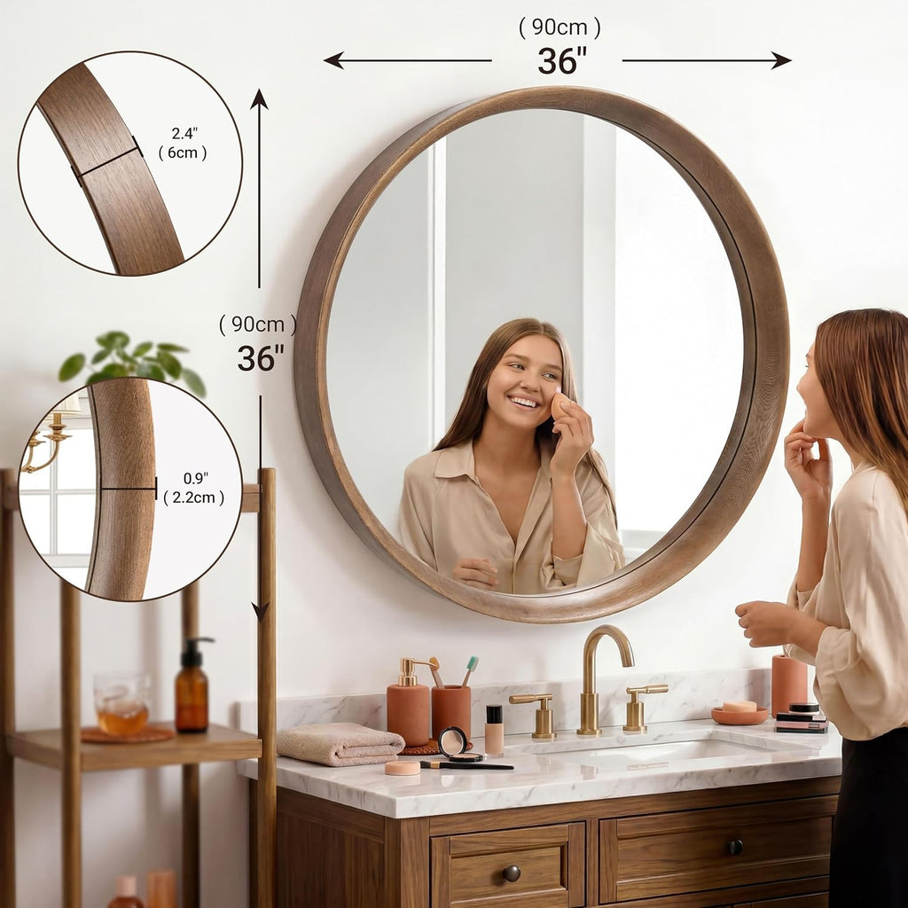 Brakki Round Wall Mirror with Wood Frame, 36" Circle Mirror for Bathroom