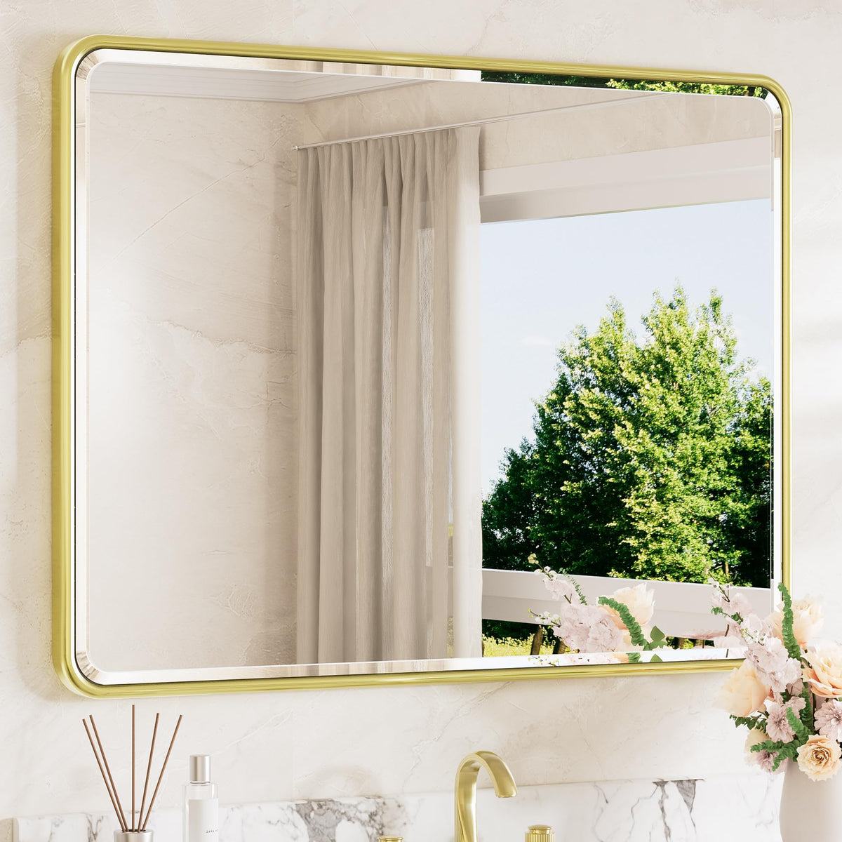 TETOTE Brushed Nickel Mirror 20 x 30 Beveled Edge Tempered Glass, Rounded Corner Rectangle Bathroom Mirror for Over Sink for Modern Bathroom, Living Room, Bedroom, Entryway
