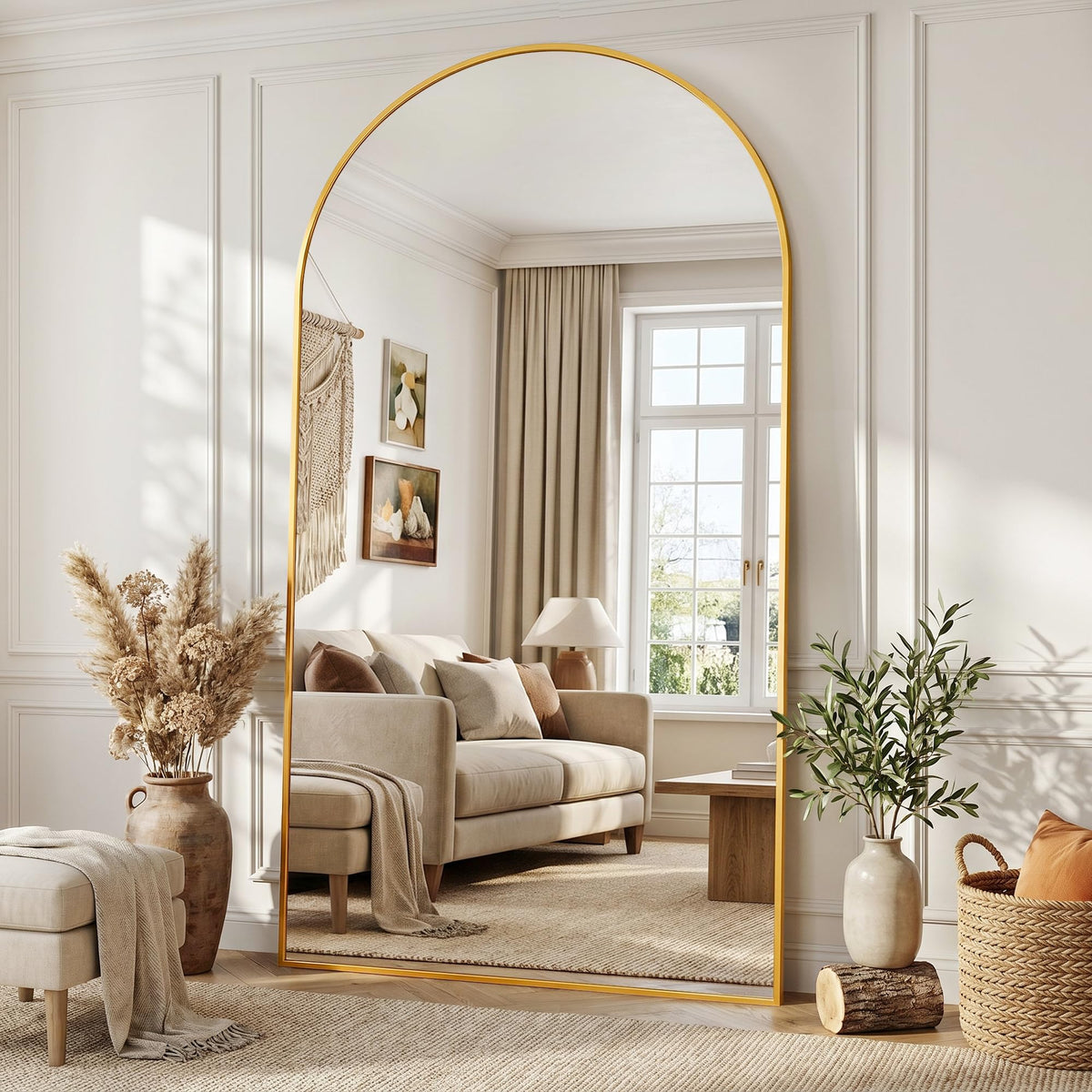 Full Length Mirror, 76"x34" Arched Floor Mirror, Gold