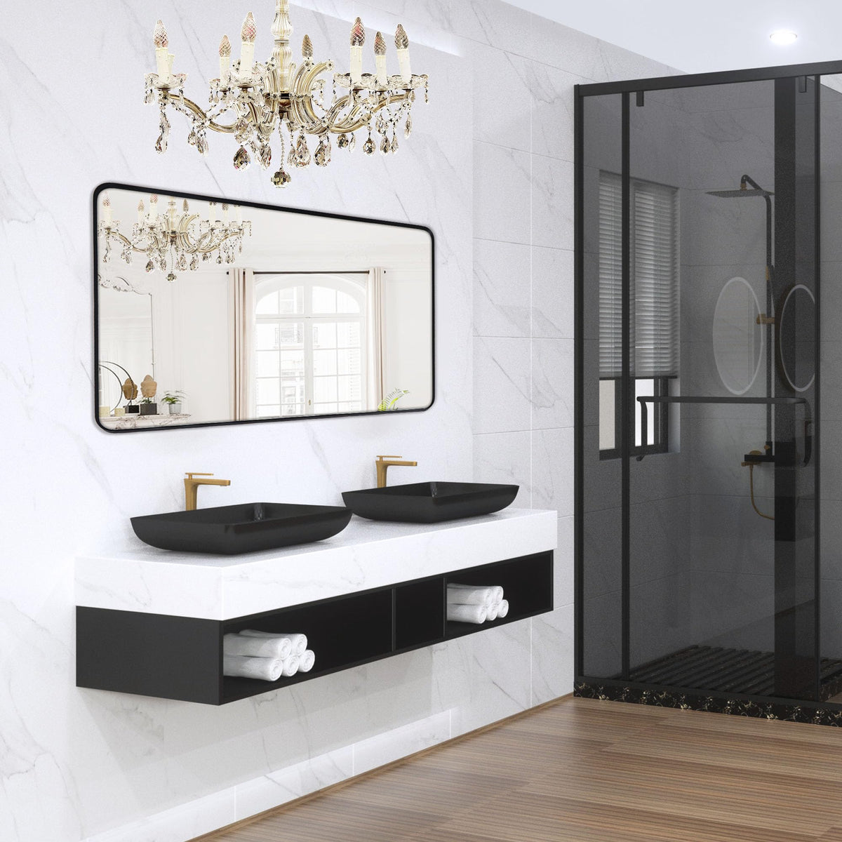 Wall Mount Mirror for Bathroom, Black Metal Framed, 24" x 36"