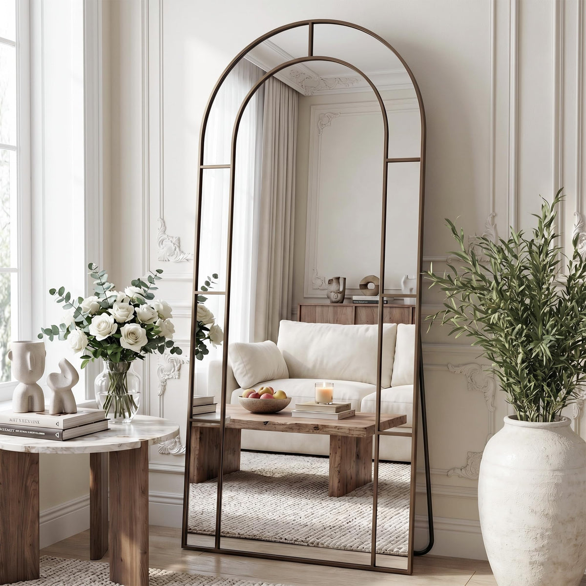 76" x 34" Arched Full Length Floor Mirror, Farmhouse Window Pane Mirror with Metal Frame, Decorative Leaning or Wall Mounted Mirror for Bedroom, Living Room, Entryway, Black