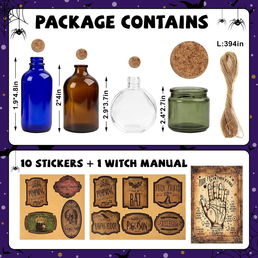 Halloween Decoration Potion Bottles – 4 Glass Jars 10 Labels Witch