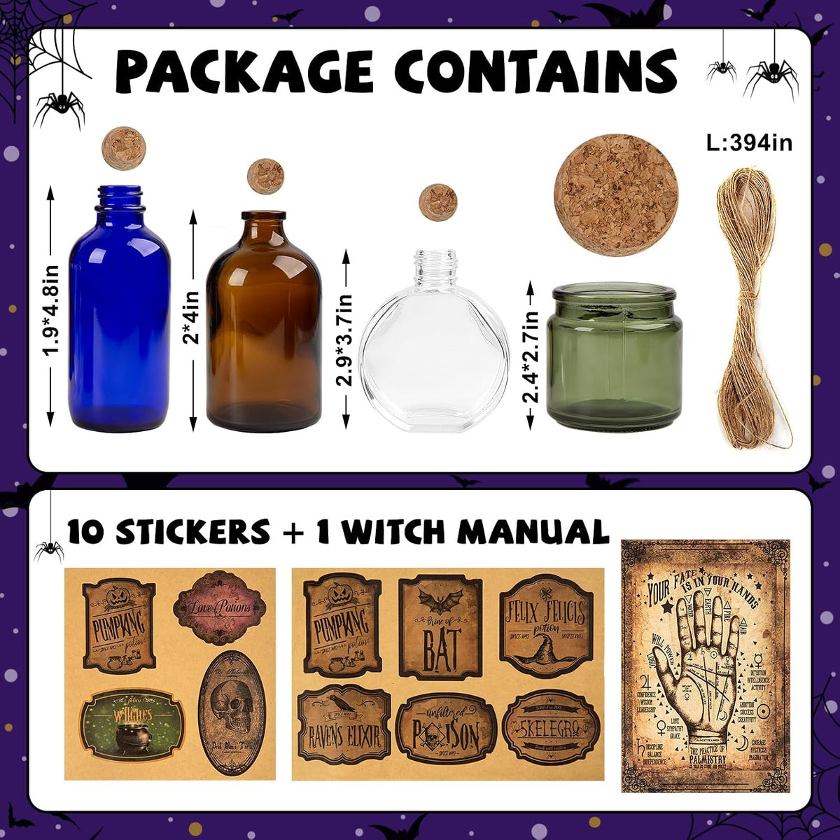 Halloween Decoration Potion Bottles – 4 Glass Jars 10 Labels Witch
