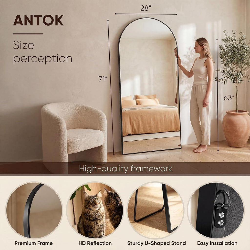 Antok 71" x26” Arched Full Length Mirror, Floor Mirror with Stand,Black