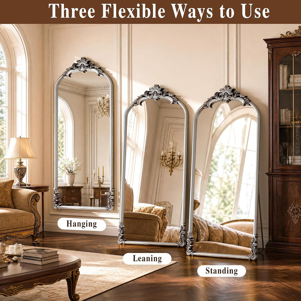 Vintage Arched Floor Mirror 28"x 69" with Stand Matte Silver