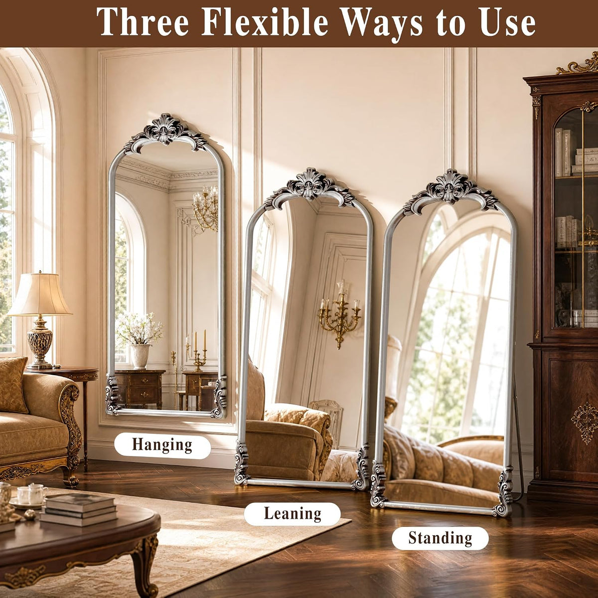 Vintage Arched Floor Mirror 28"x 69" with Stand Matte Silver